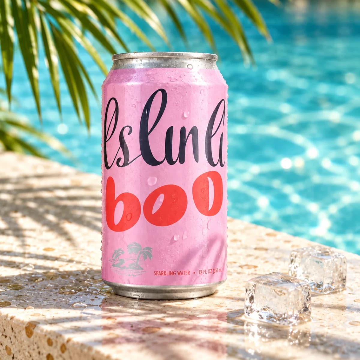 The pink can on a terrazzo ledge by a pool in hard summer sun