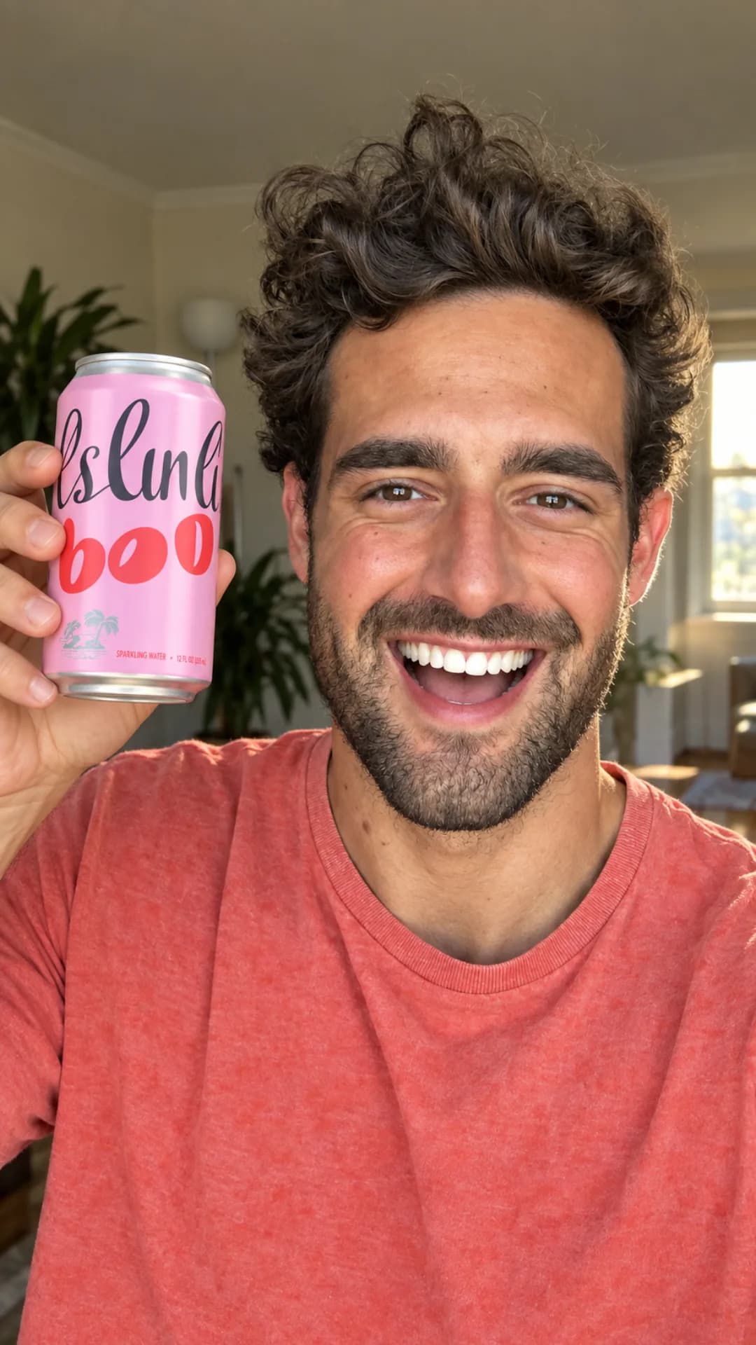 Grinning man in a coral tee holding the pink can in his kitchen