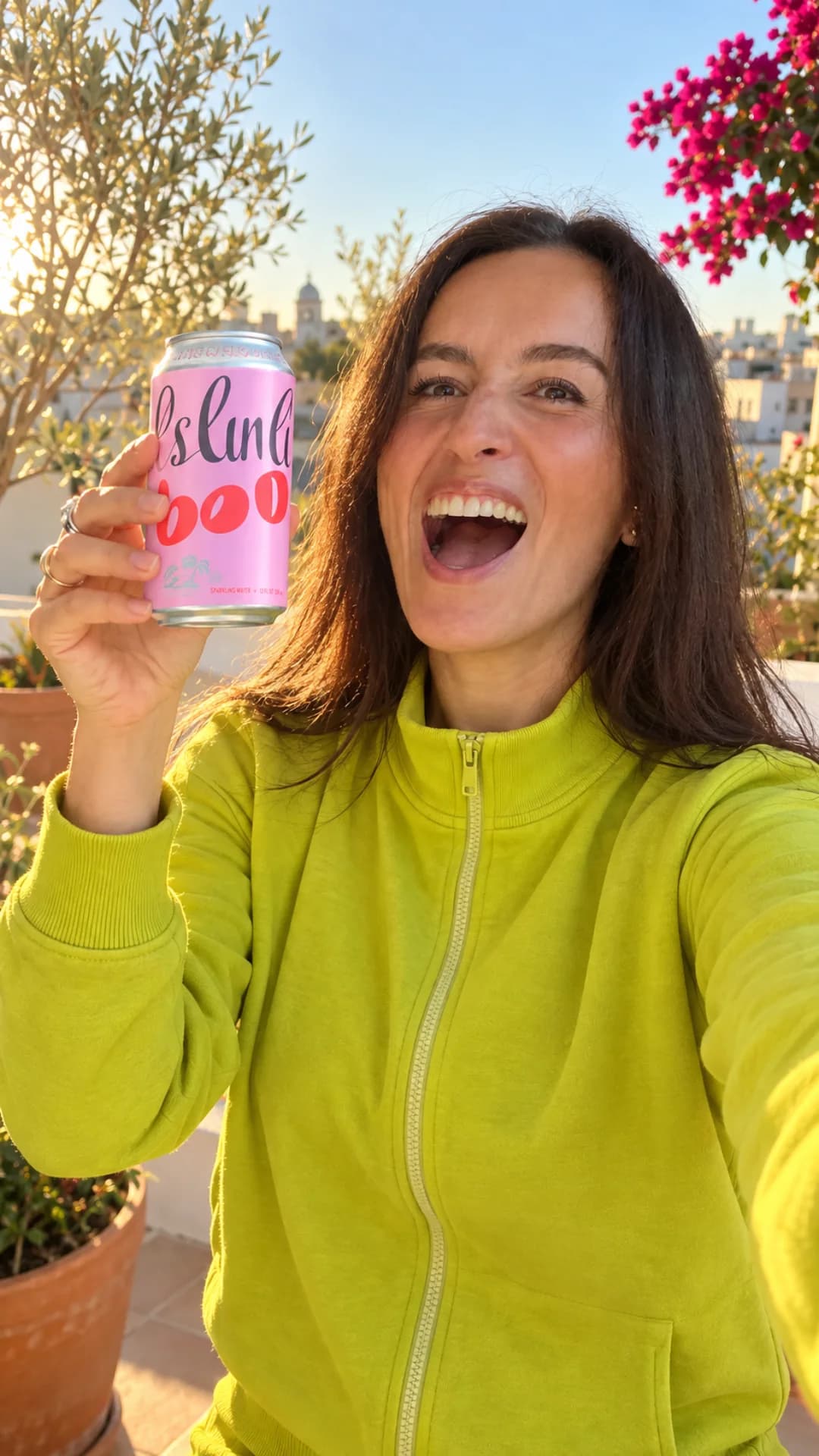 Creator in a yellow jacket raising the pink can among flowering trees