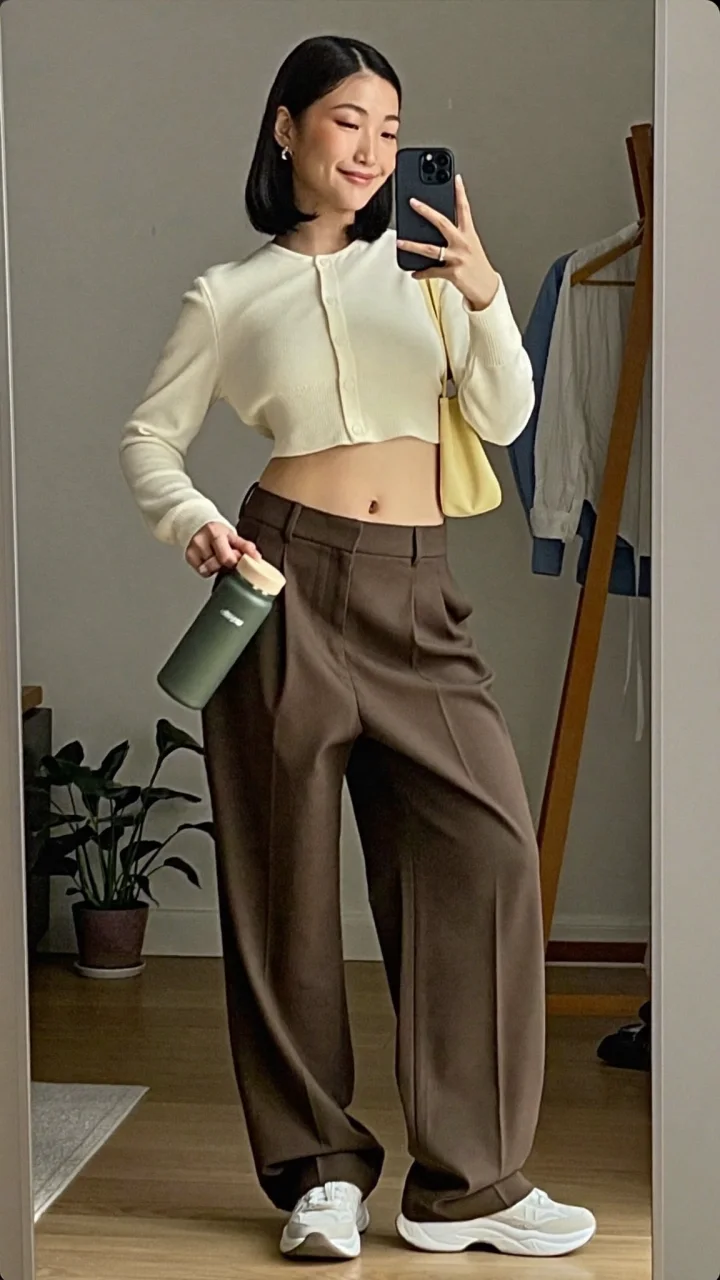Woman in a cream top and brown wide trousers taking a mirror selfie with a sage bottle