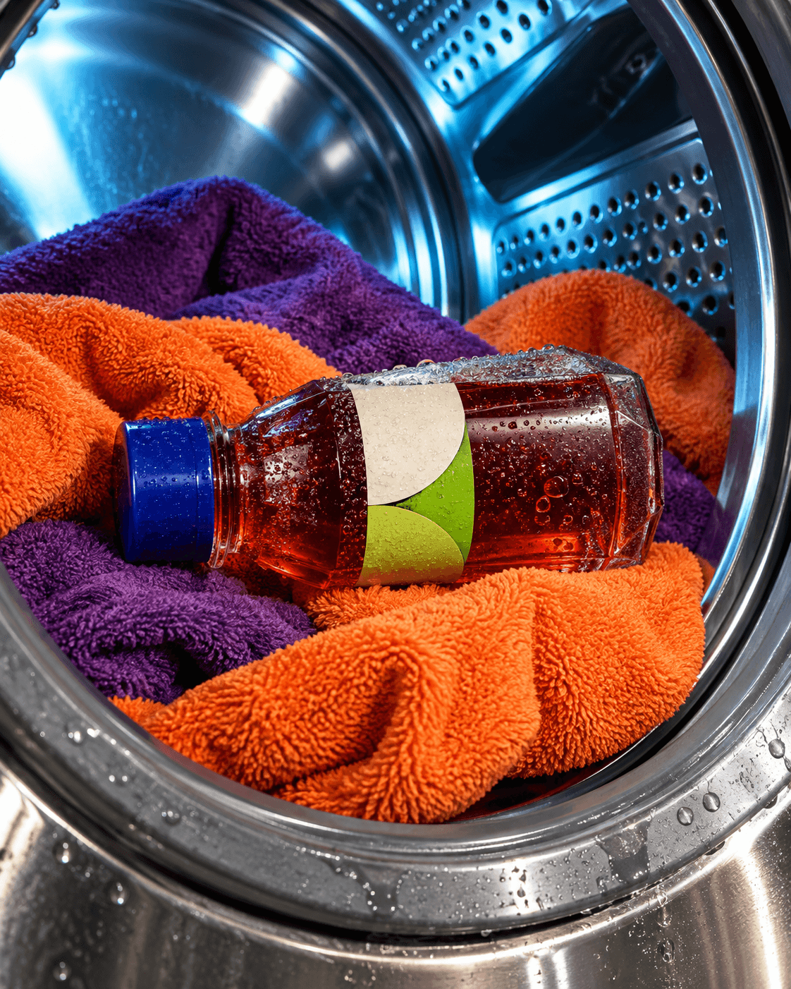 Red juice bottle resting on bright towels inside a washing machine drum